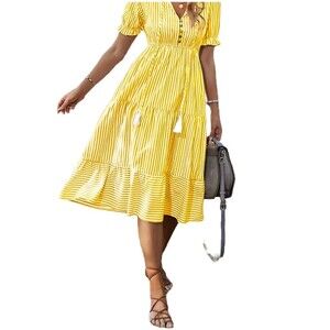 Women's Yellow Striped V-Neck Puff-Sleeve Tiered Midi Dress